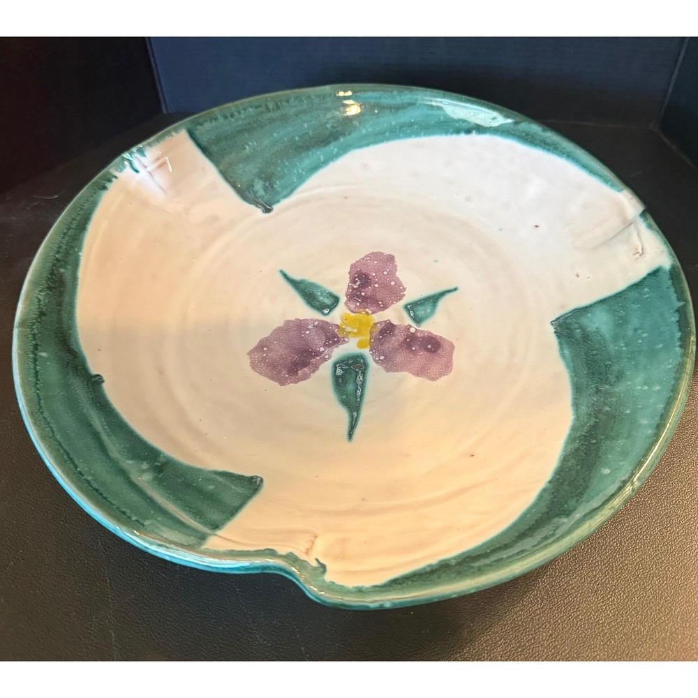 Studio Art Pottery Shallow Bowl White Teal Purple Flower 10.5" Signed Dated 1992